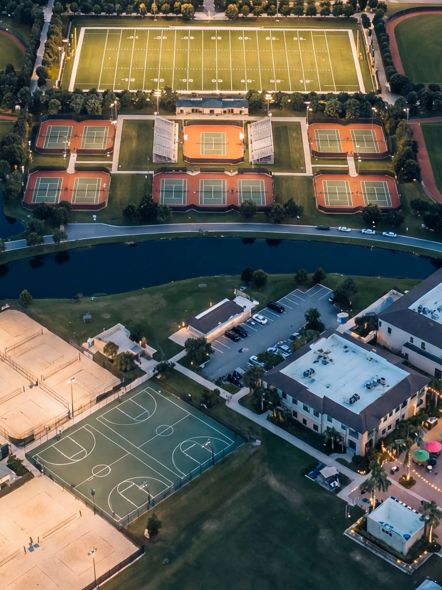 Aerial view of the academy campus at blue hour